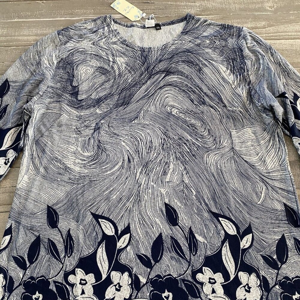 Beyond This Plane Blouse Women’s 4XL Floral Blue Grey All Over Print New‎ Ladies - Picture 2 of 7
